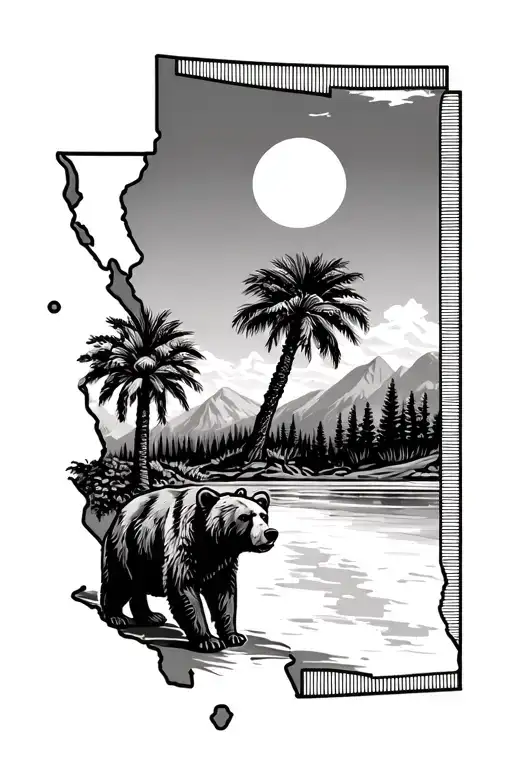 California State Outline With Bear And Palm Tree