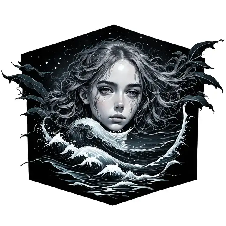 Elegant Ocean Themed Tattoo Incorporating Billie Eilish Lyrics