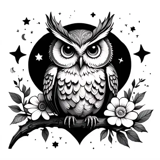 Owl Perched On A Branch With Flowers And Stars And Moons