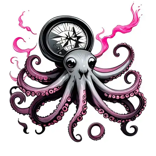 Octopus Holding A Compass And Pink Winds