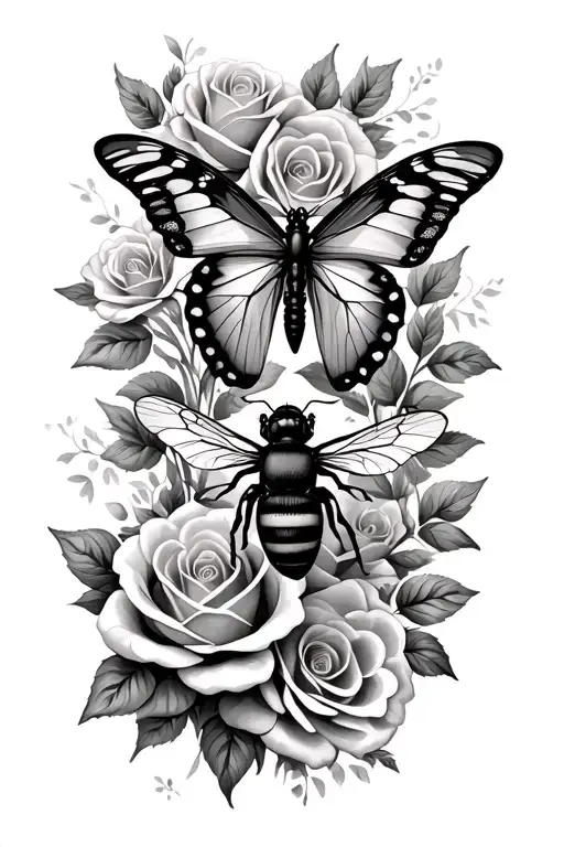 Butterfly And Roses And A Bee