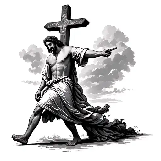 A Person Carrying A Cross Walking With Jesus Christ