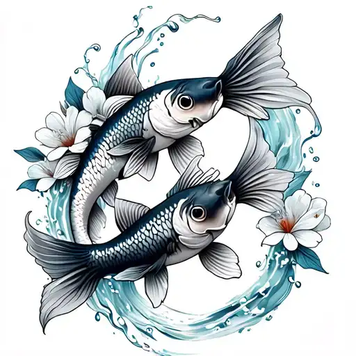 Two Koi Fish On The Spine With Flowing Water And Flowers