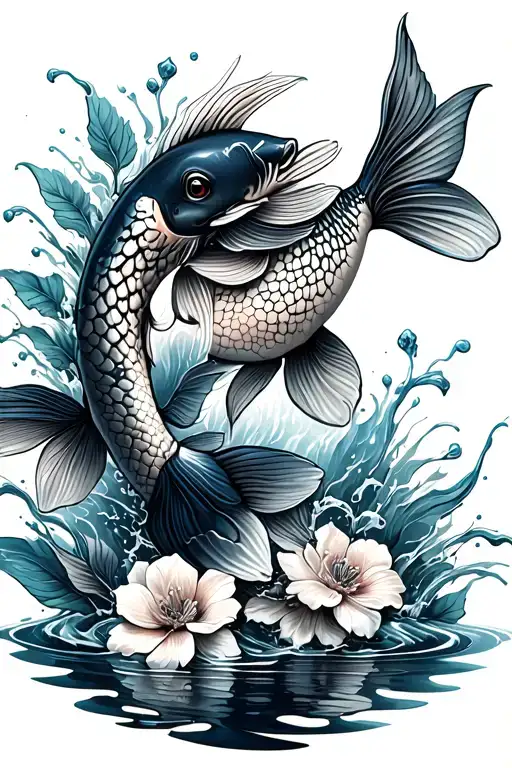 Two Koi Fish On The Spine With Flowing Water And Flowers