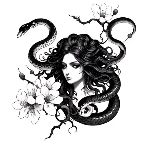 Medusa Holding A Snake And Some Cherry Blossoms