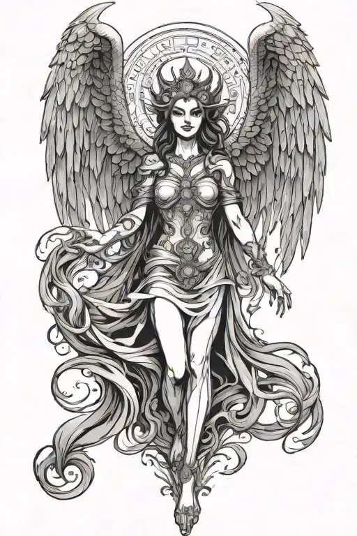 Woman God With Dramatic Wings Going Vertical Up That Has Evil Looking Spirt