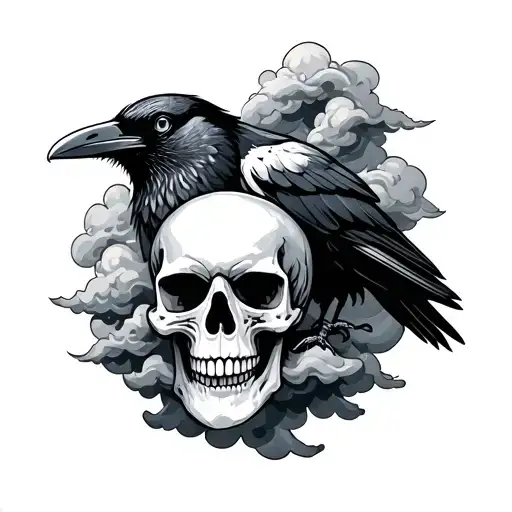 Crow And Skull Surrounded By Clouds