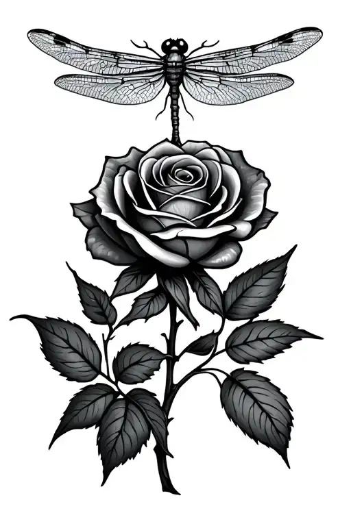 Rose And Stem And A Dragonfly