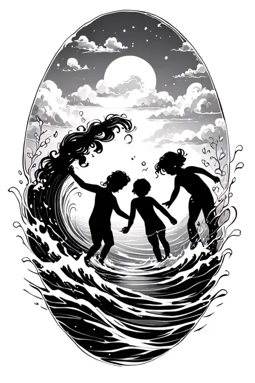 Grandchildren Playing In Water Waves