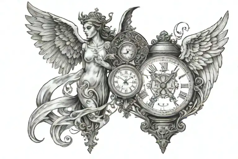 An Hour Glass With An Angel On One Side And A Devil On The Other Side