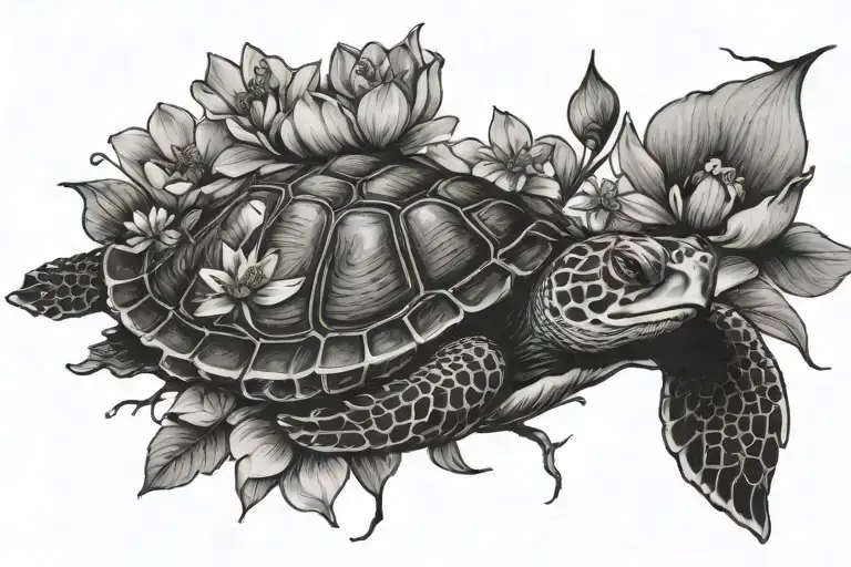 Turtle Peeking Thru Lotus Flower Blooming Cherry Blossom