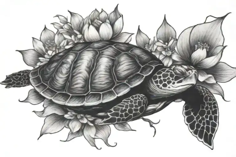 Turtle Peeking Thru Lotus Flower Blooming Cherry Blossom