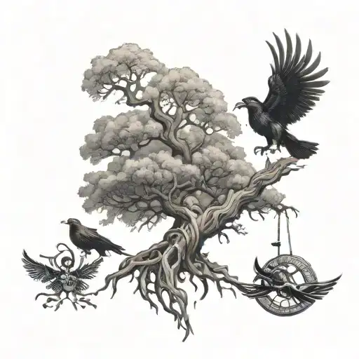 Ygdrassil With Odin And Ravens Flying