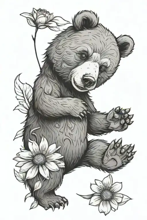 Bear Holding A Daisy Flower In One Paw And Claws Out On The Other