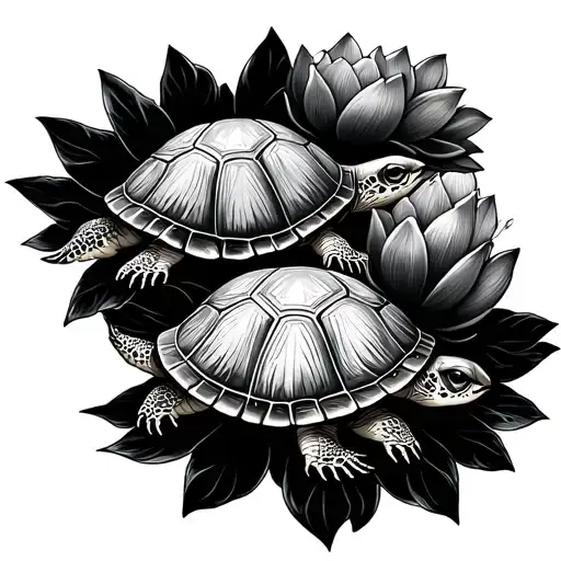 Two Turtles With Lotus Flowers