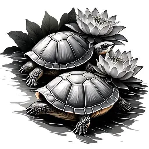 Two Turtles With Lotus Flowers