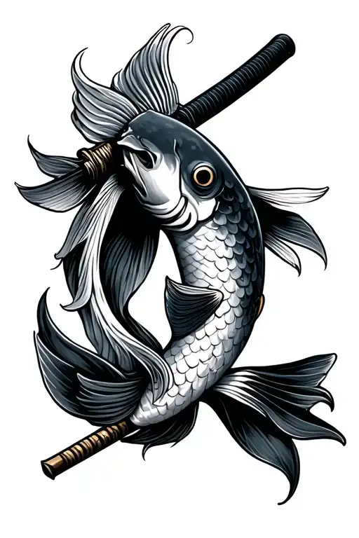 Koifish Going Around A Katana Sword