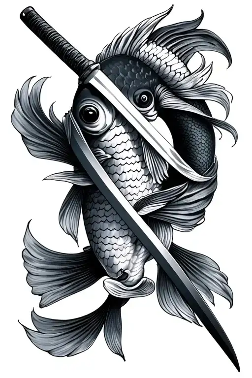 Koifish Going Around A Katana Sword Intertwined