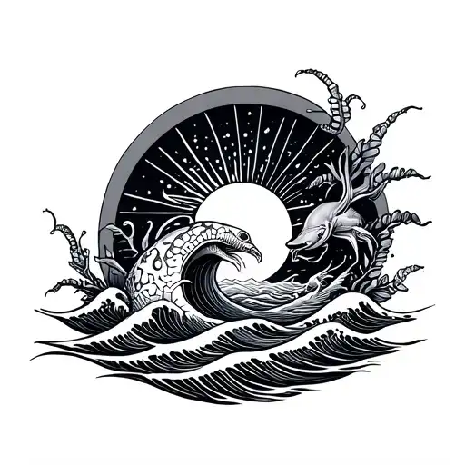 Fine Line Waves With Half Sun And Sea Creatures