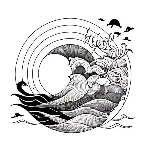 Fine Line Waves With Half Sun And Sea Animals Dainty Geometric Design