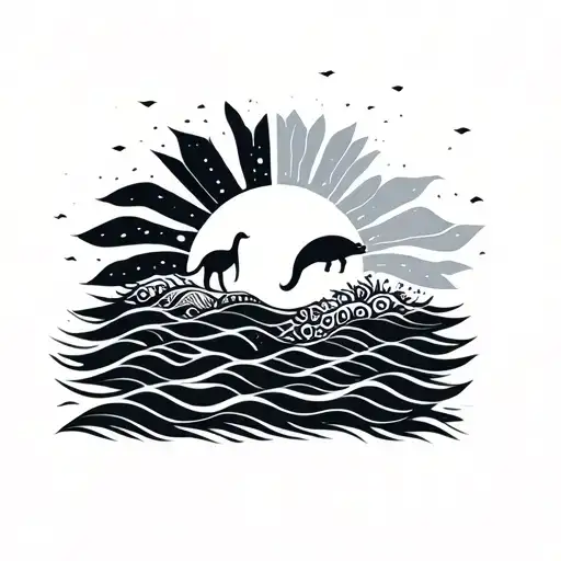 Fine Line Waves With Half Sun And Sea Animals Dainty Geometric Design