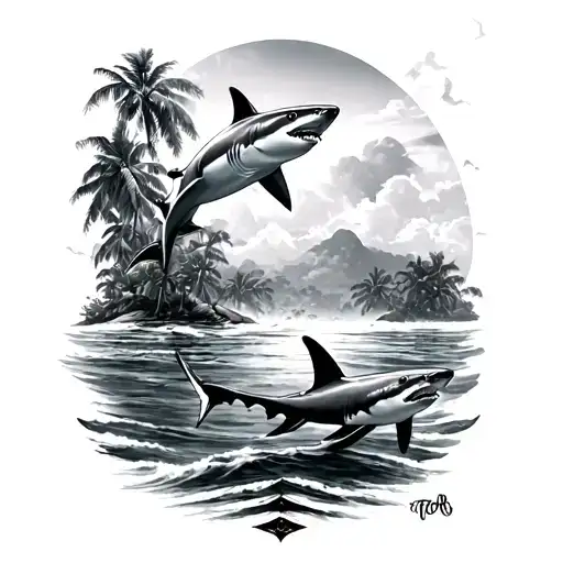 Sharks And Cuban Island Landscape