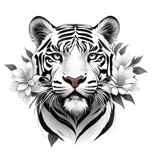 White Tiger With Flowers