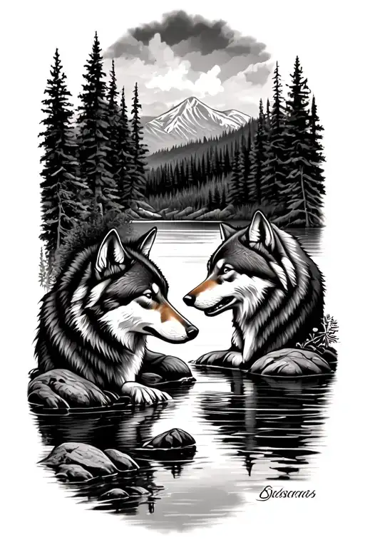 Native American With Nature Scene Featuring Wolves Drinking From A River