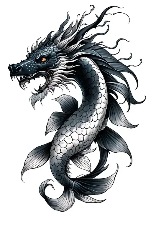 Half Japanese Dragon Half Japanese Koi Fish Swimming