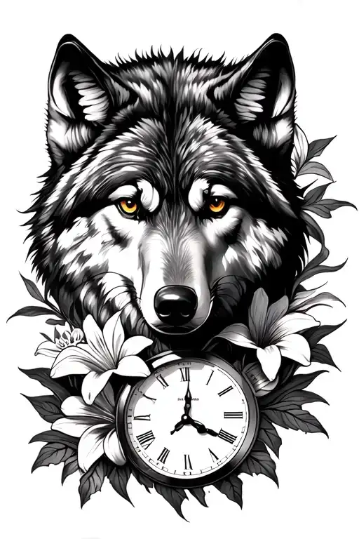 Wolf With Lilys And Clocks