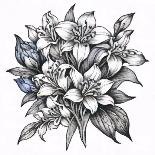 Snowdrop Aster Cornflower Iris Rose Bouquet Fine Line