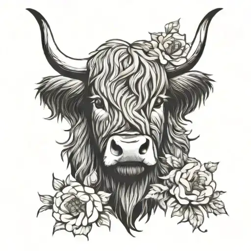 Highland Cow Head With Flowers Intertwined