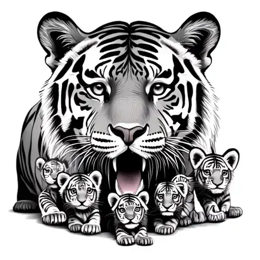 Mom Tiger With 4 Cubs Playing