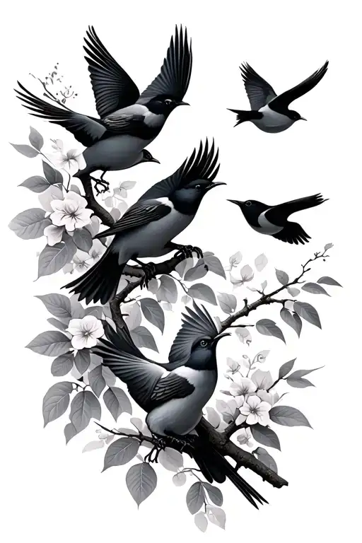 2 Birds On A Branch And 2 Birds Flying Away