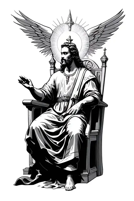 Make A Tattoo Sketch Of The King Of Heaven Sitting On His Throne With His Hand In The Light
