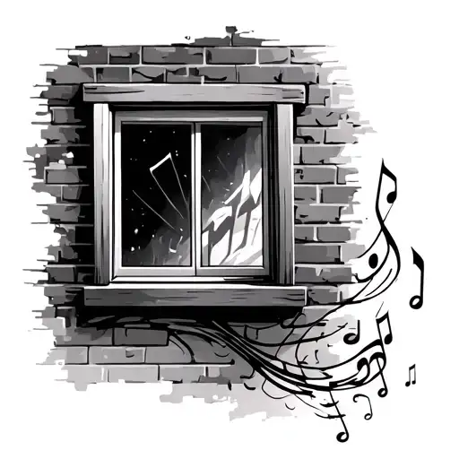 A Window In An Unfinished Brick Wall With Music Notes Flowing Out