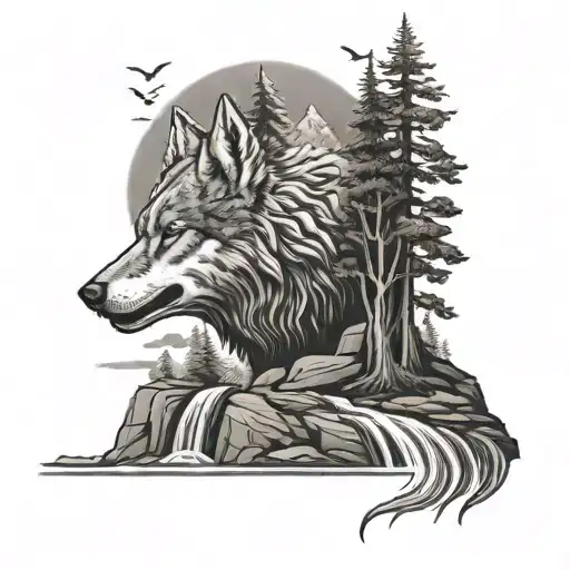Waterfall Cascading Cliff Howling Wolf