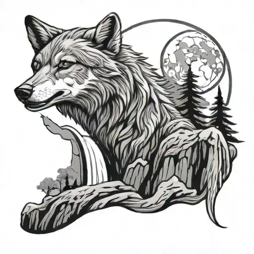 Waterfall Cascading Cliff Howling Wolf Moon Background