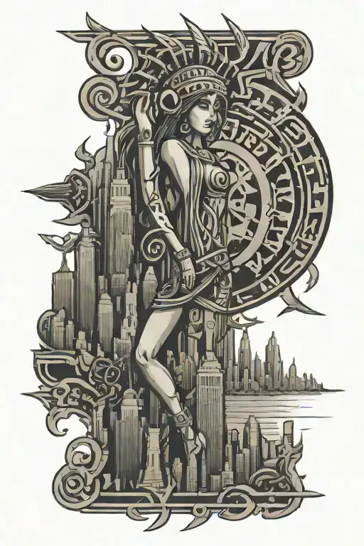 Tribal Tattoo Showing New York City Manhattan View And Loyalty Respect Warrior Symbol