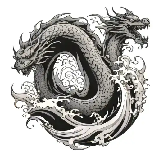 Japanese Big Wave Painting Style Of A Dragon