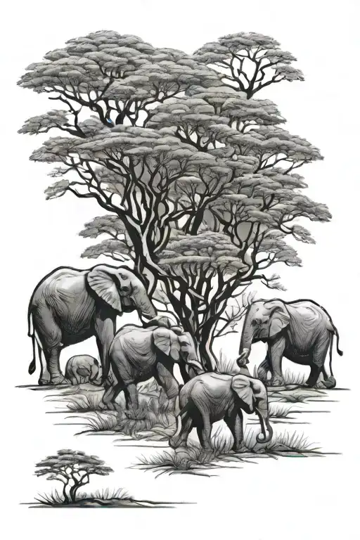 Elephants Grazing On The African Savannah Below Tall Bare Trees