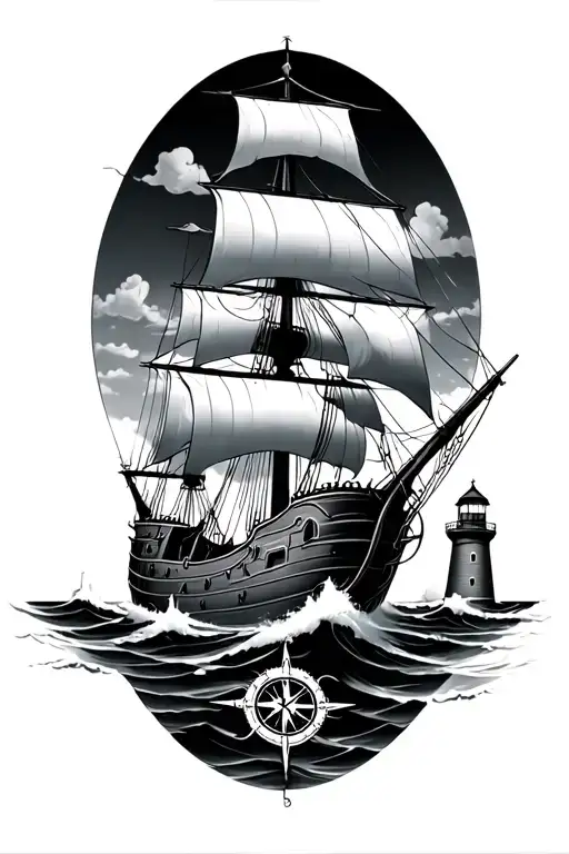 Pirate Ship Sailing In Ocean With Lighthouse And Compass In Realism