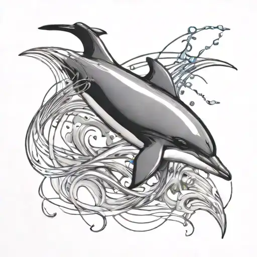 Individual Sketch With A Dolphin And Interesting Lines Or Water