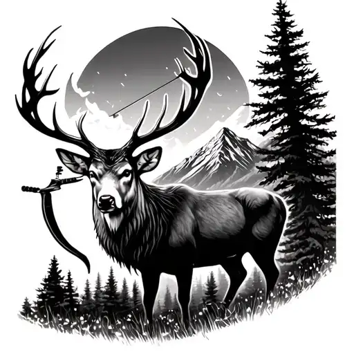 A Hunter Aiming A Bow At A Majestic Stag In A Mountain Landscape