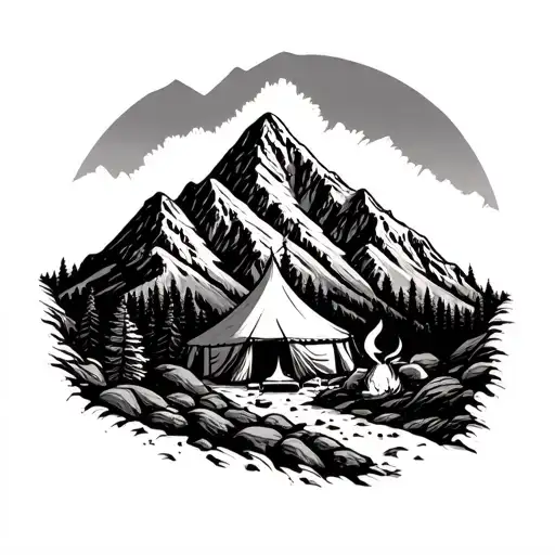 A Mountain Range With A Hidden Tent And Campfire Nestled Among The Peaks