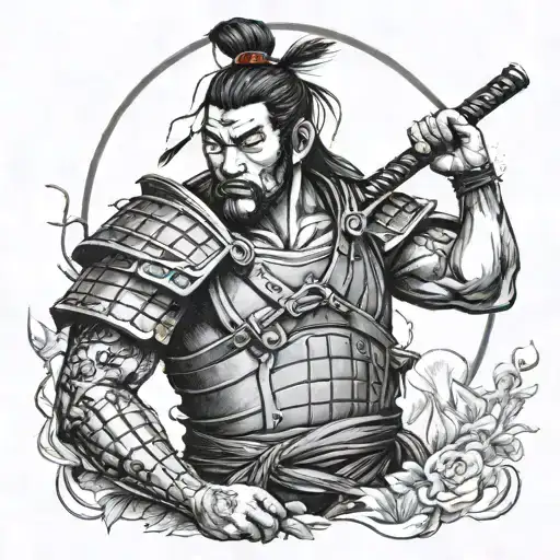 Samurai Warrior Holding Human Head With Trees In Background