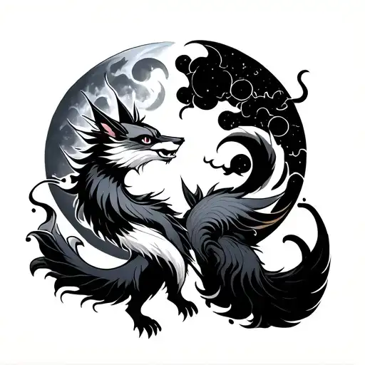 Two Japanese Katsune With A Moon And Sun And Moon Fighting