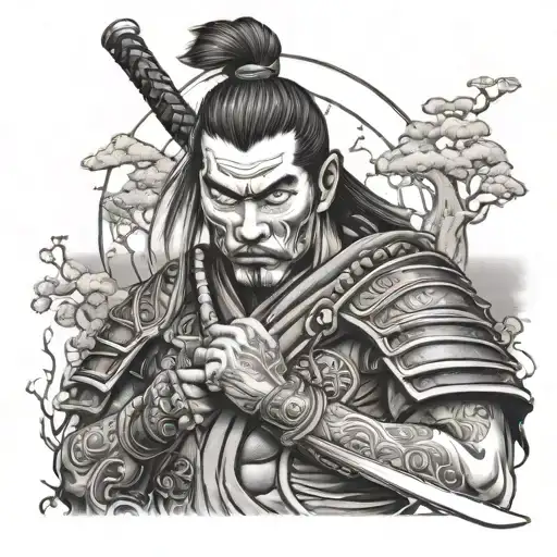 Samurai Warrior Holding Human Head With Trees In Background