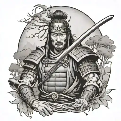 Samurai Warrior Holding Human Head With Trees In Background