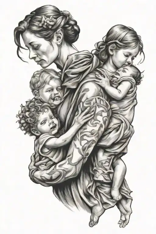 Mother Holding Son & Daughter